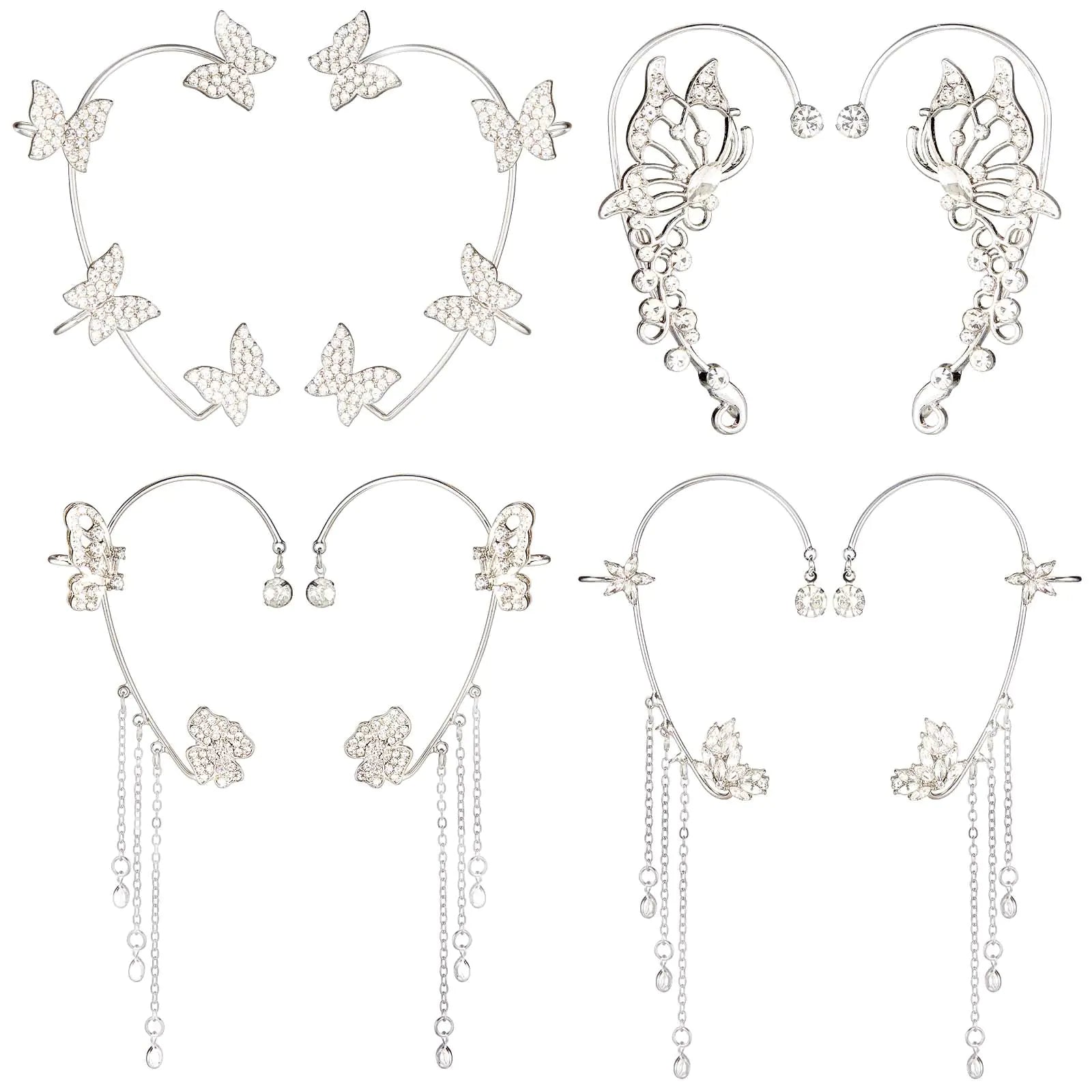 Blended Fusions 4 Pairs Butterfly Ear Cuffs Earrings Glitter Rhinestone Butterfly Earrings