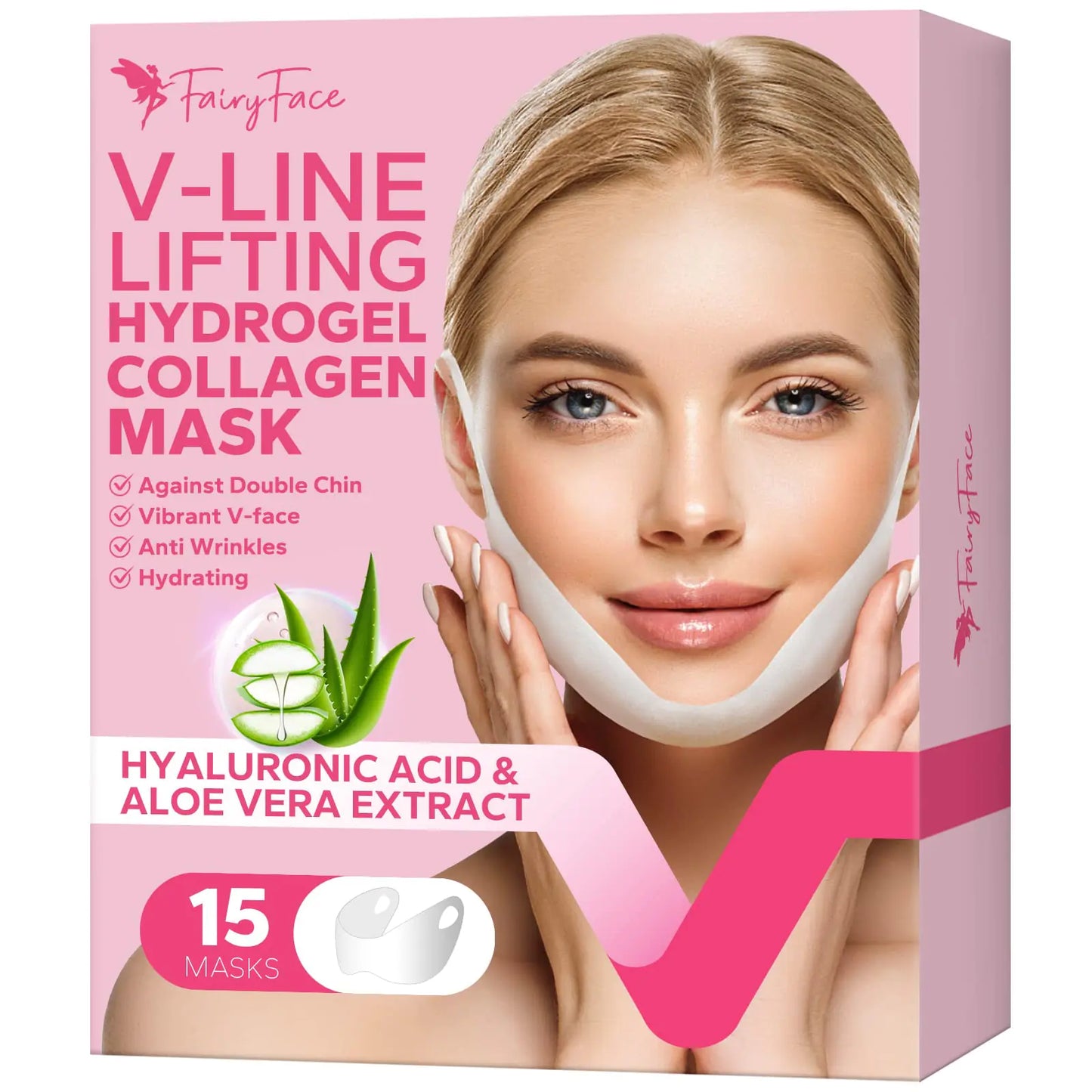 FairyFace V Line Shaping Face Masks (15 Count) Double Chin Reducer Lifting Hydrogel Collagen Mask with Aloe Vera and Seaweed Anti-Aging and Anti-Wrinkle Masks