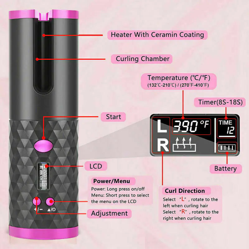 Cordless Auto-Rotating Curling Iron – LCD Display, Adjustable Heat (302–392°F), Ceramic Curling Wand for Effortless Waves &amp; Curls – Portable, Travel-Friendly Hair Curler
