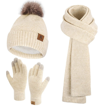 Womens Winter Warm Knit Beanie Hat Long Scarf Touchscreen Gloves Set with Fleece Lined Pom Skull Cap Gifts for Women Apricot
