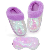Yseoul Girls Plush Sequin Slippers With Sleep Mask Cute Faux Fur Slip-on Shoes Memory Foam House Shoes for Girls Bedroom Slippers