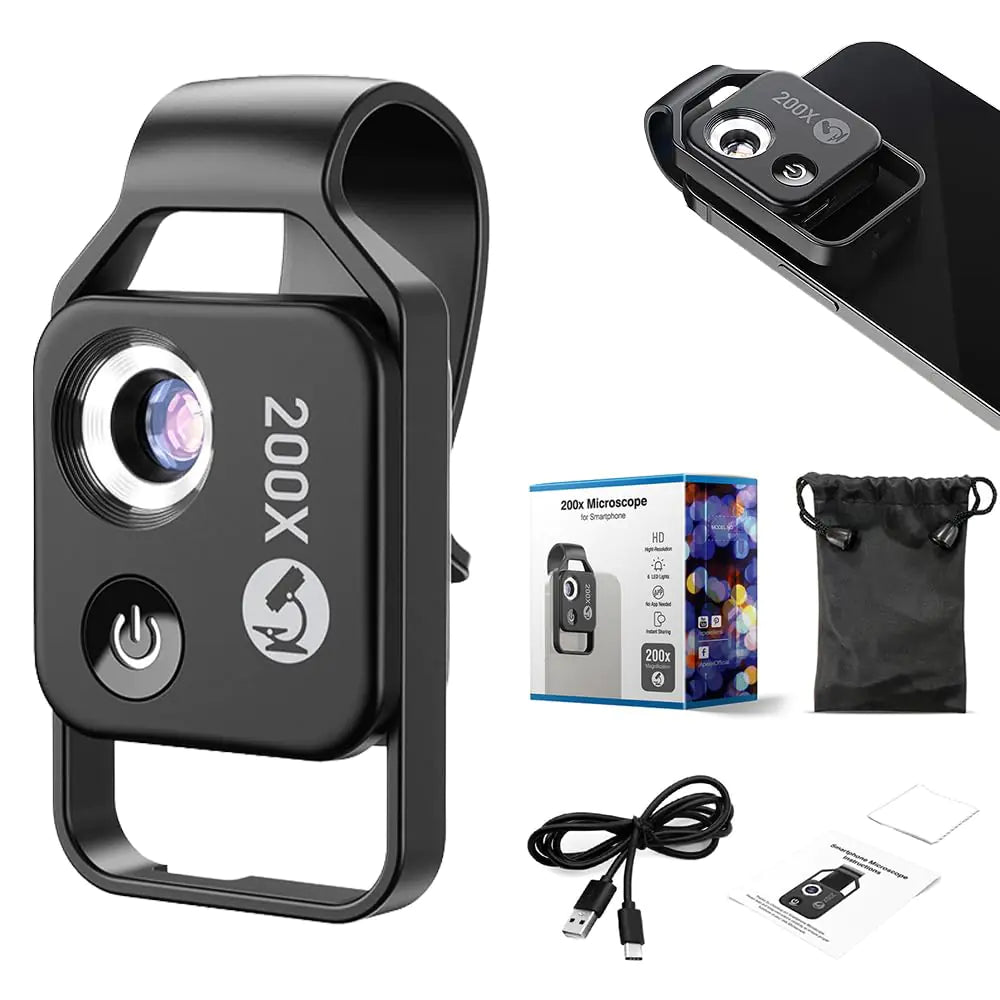 024 Pocket HD Phone Microscope – 200x Zoom with LED Light (White)