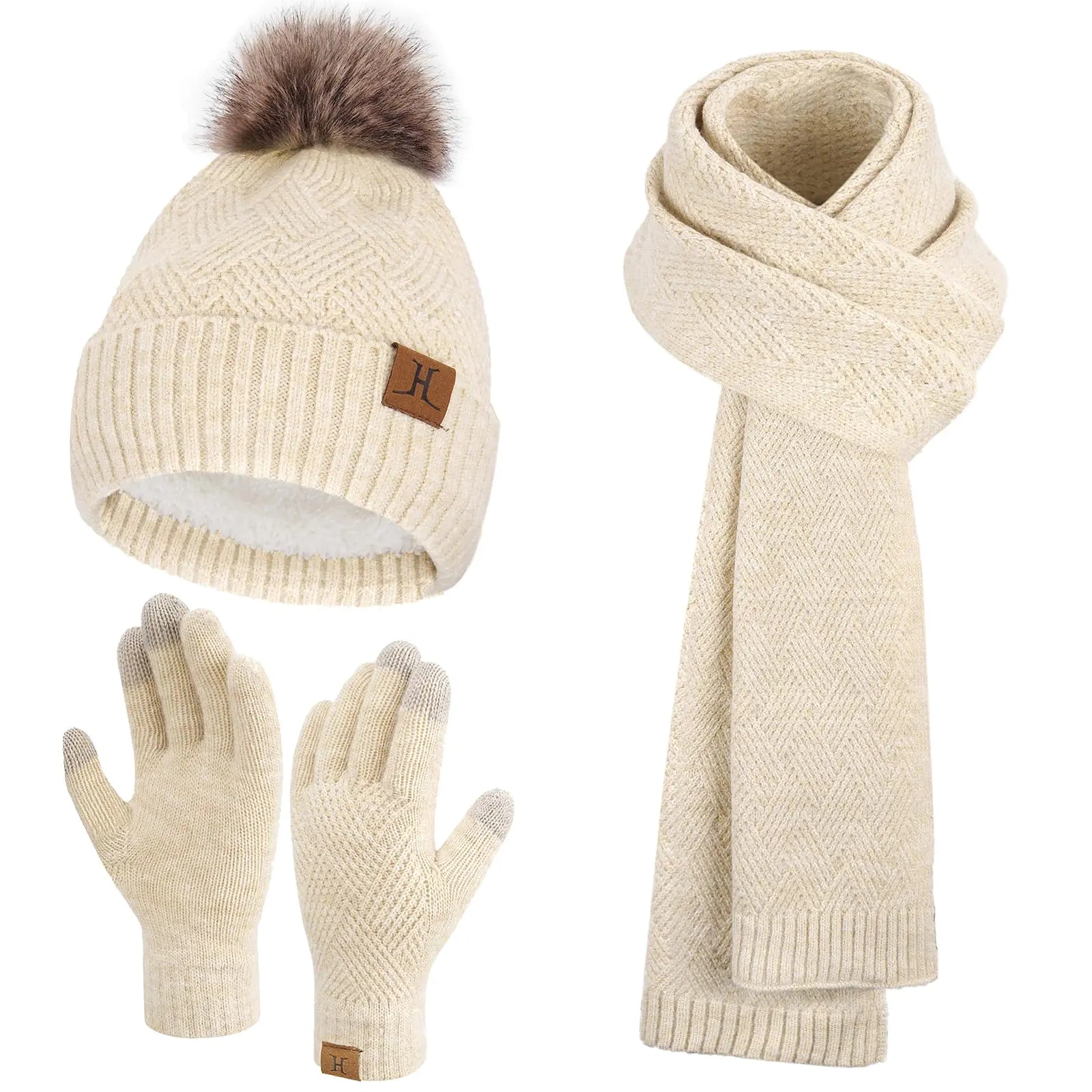 Womens Winter Warm Knit Beanie Hat Long Scarf Touchscreen Gloves Set with Fleece Lined Pom Skull Cap Gifts for Women Apricot