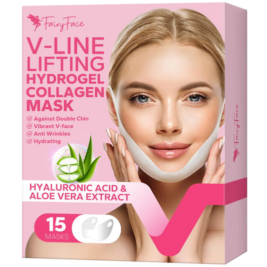 FairyFace V Line Shaping Face Masks (15 Count) Double Chin Reducer Lifting Hydrogel Collagen Mask with Aloe Vera and Seaweed Anti-Aging and Anti-Wrinkle Masks