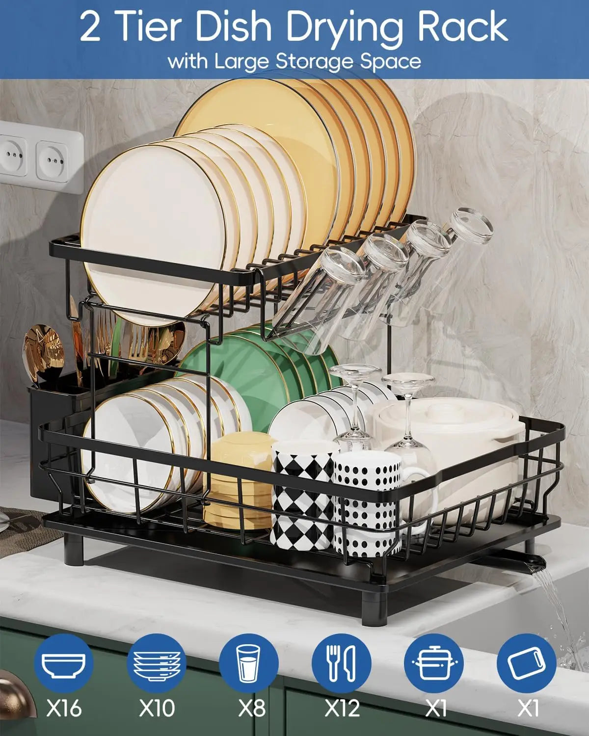 2 Tier Dish Drying Rack with Drainboard