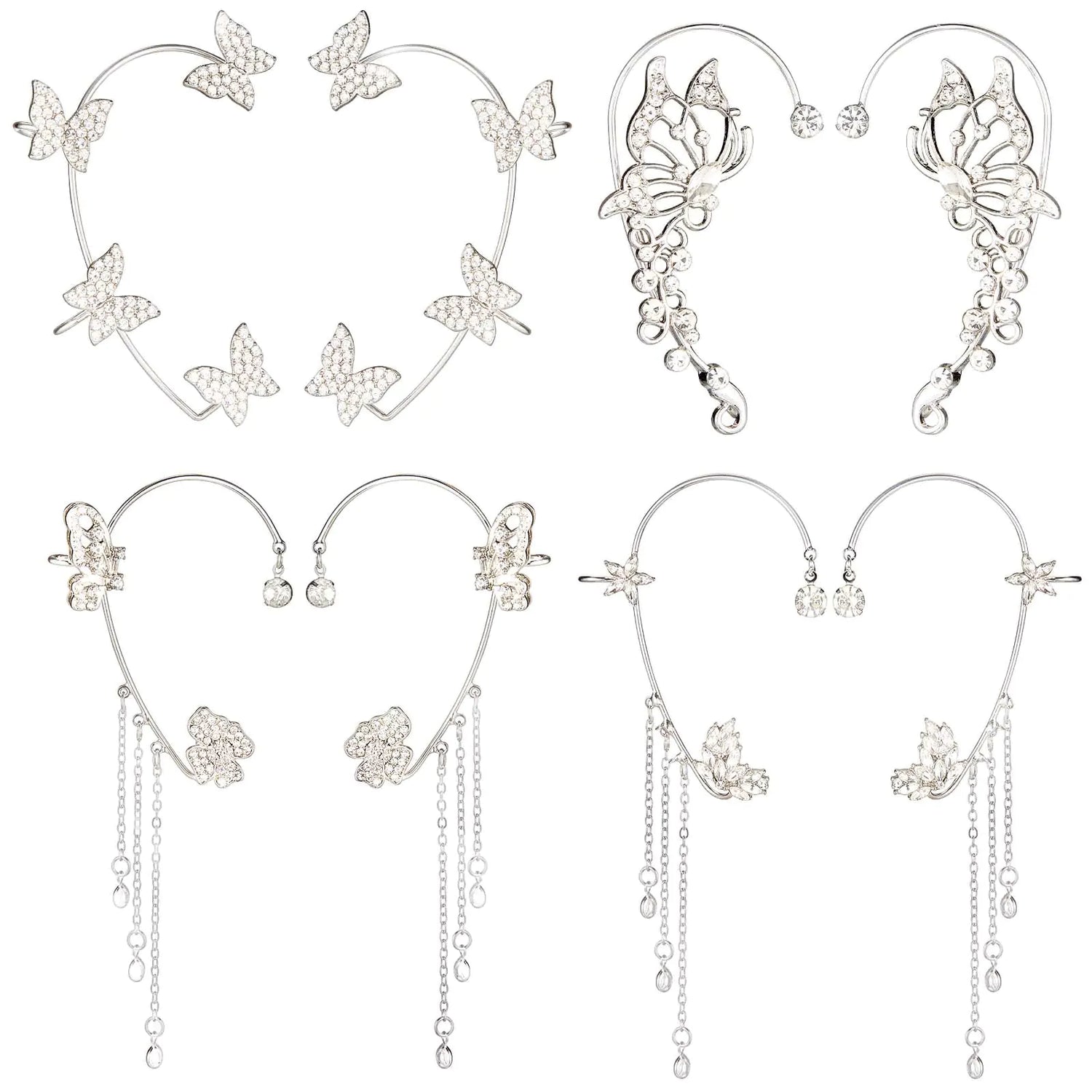 Blended Fusions 4 Pairs Butterfly Ear Cuffs Earrings Glitter Rhinestone Butterfly Earrings