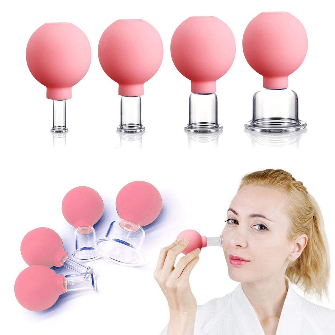 4 PCS Glass Facial Cupping Set | Silicone Vacuum Suction | Cupping Massage Therapy | A Kit For Anti Cellulite Anti Wrinkle and Instantly Ageless Skin | For Eyes Face and Body(Pink)