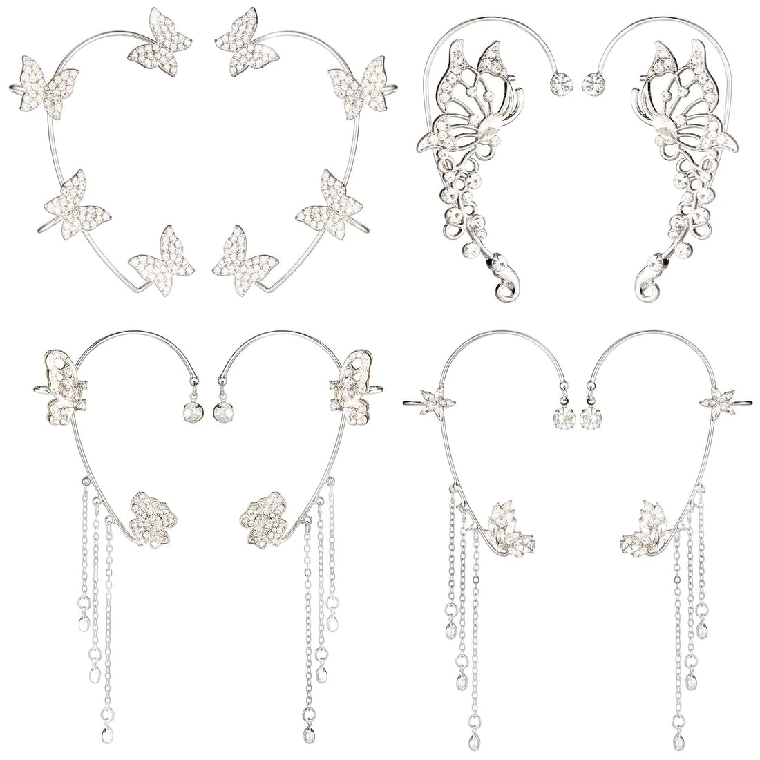 Blended Fusions 4 Pairs Butterfly Ear Cuffs Earrings Glitter Rhinestone Butterfly Earrings