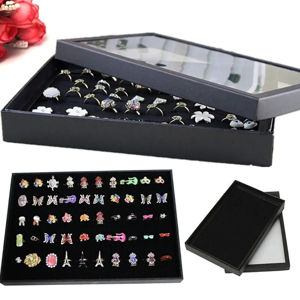 100 Slots Jewelry Ring Display Organizer Tray Holder Earrings Storage Box Case