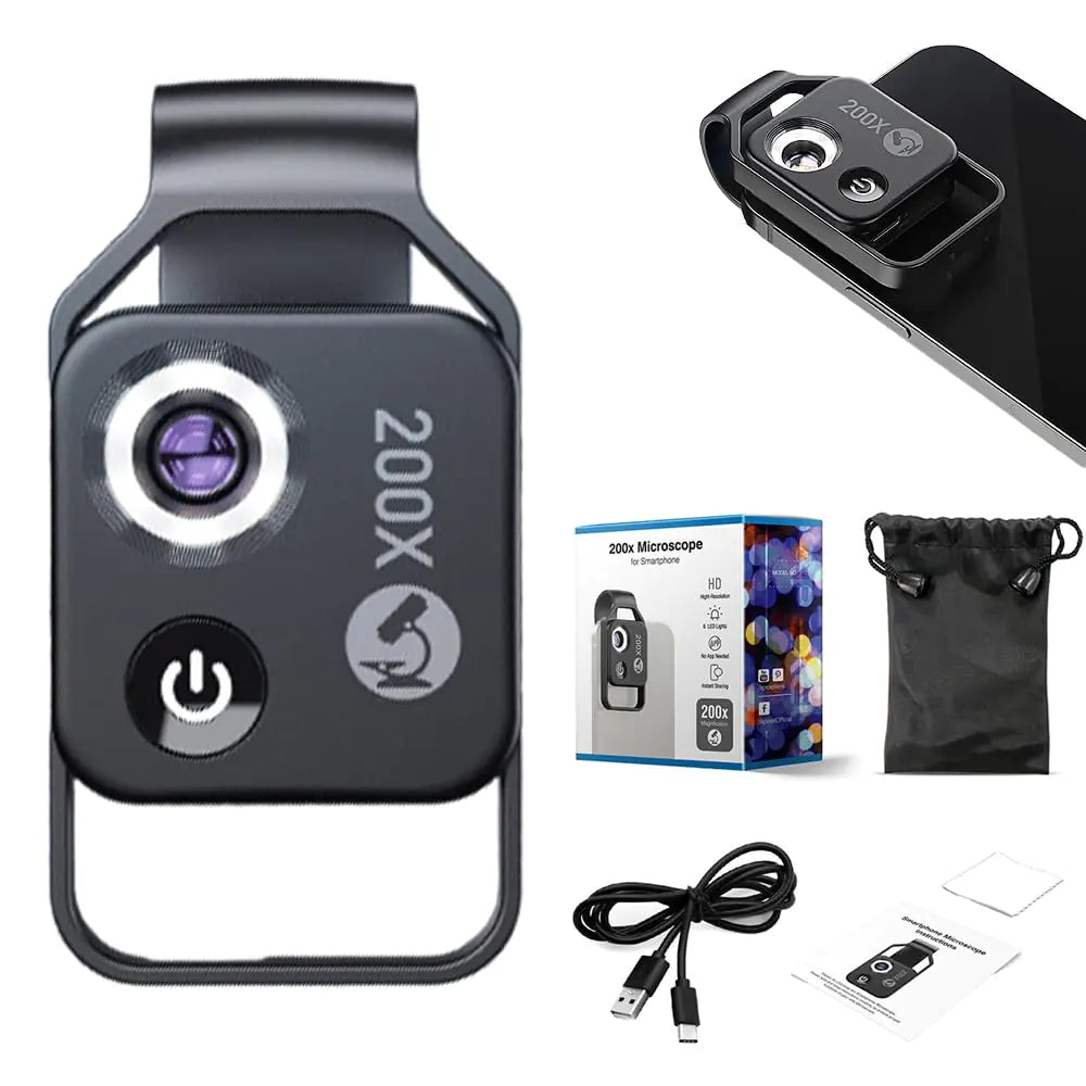 024 Pocket HD Phone Microscope – 200x Zoom with LED Light (White)